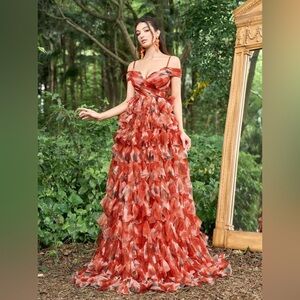 Elegant Off Shoulder Floral Printed Tulle Maxi Prom Dress